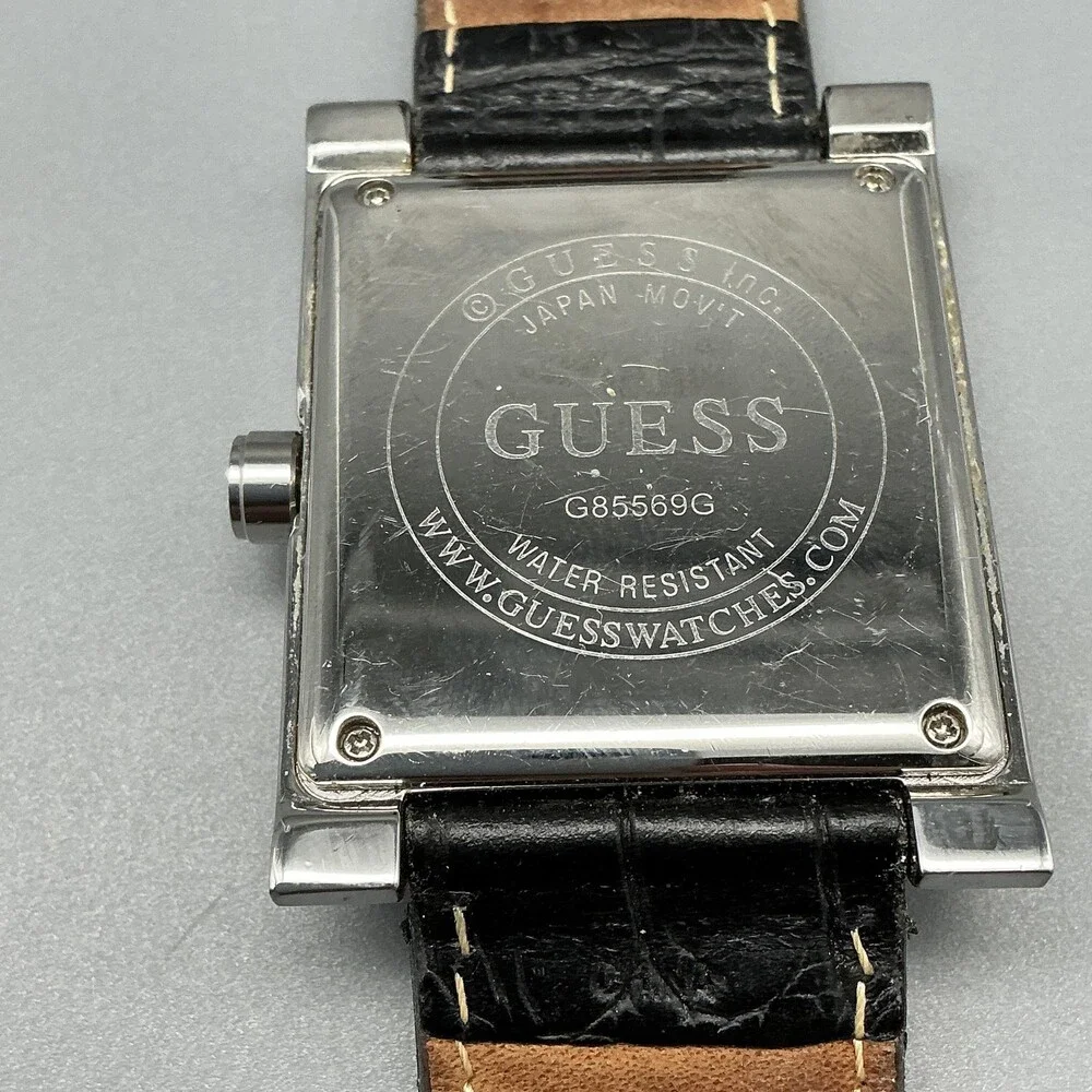 Guess G85569G Mens Watch 35mm Black Dial Leather Stainless Day Date New Battery
